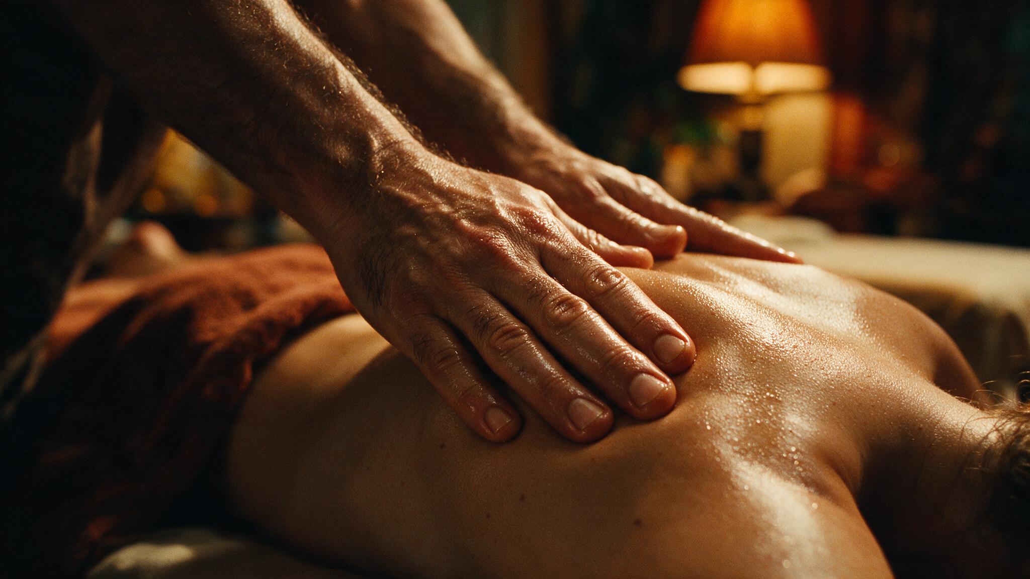 Close-up of hands working along the shoulder blade