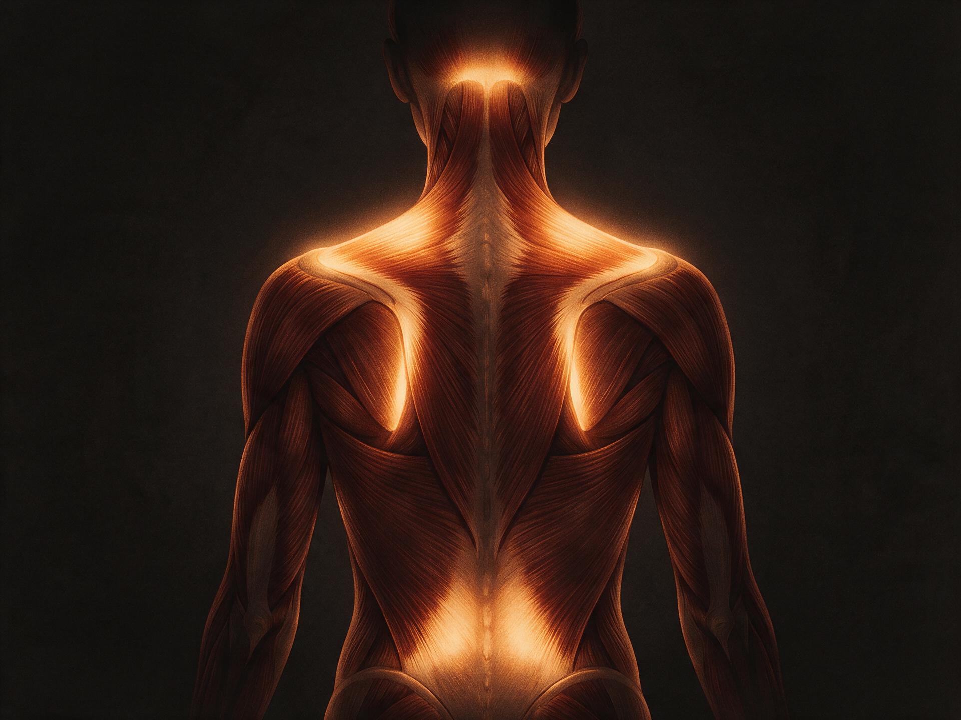 Anatomical illustration of the back with the highest-value tension zones highlighted